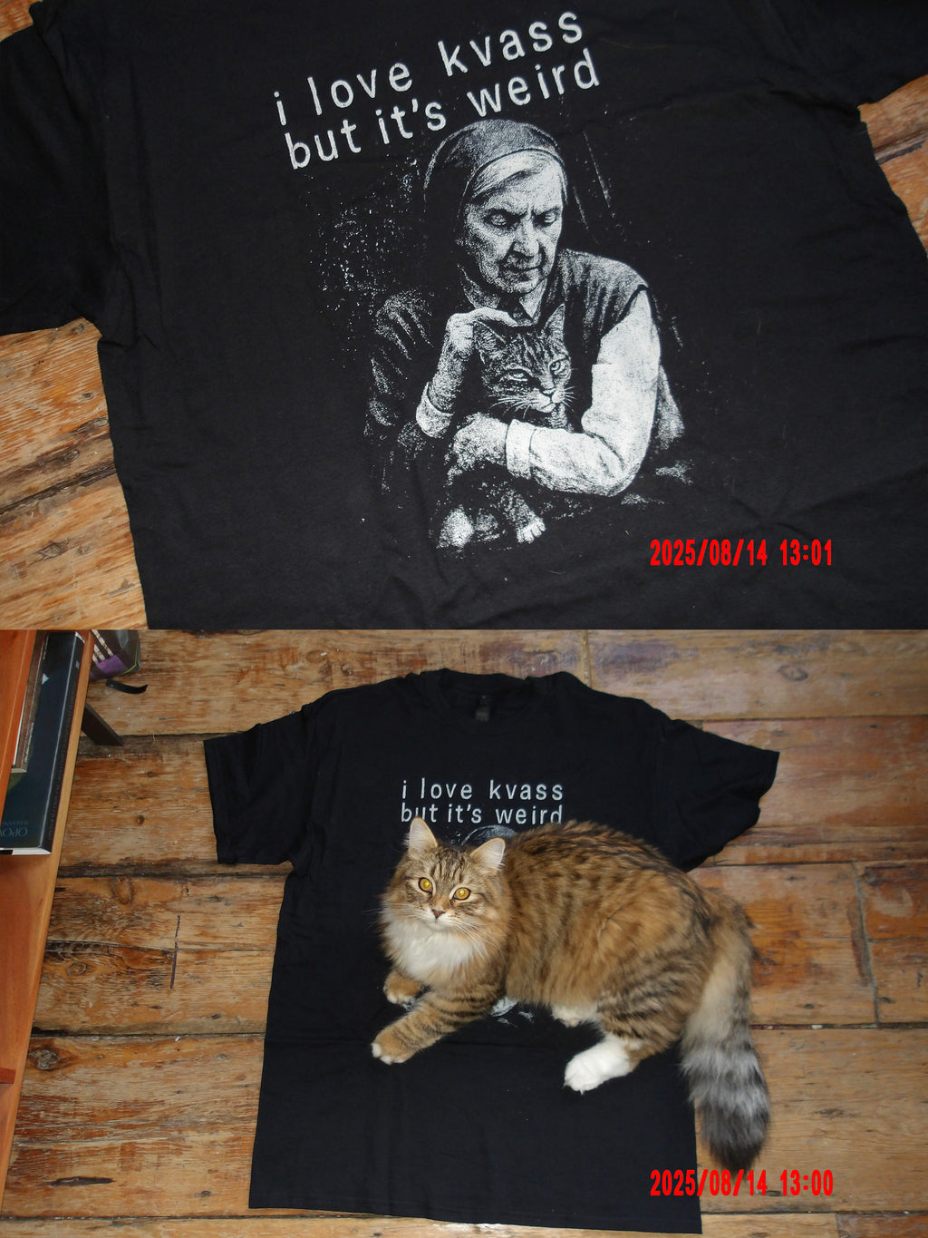 Black t-shirt with a graphic of a woman holding a cat and text 'i love kvass but it's weird' on a wooden surface.