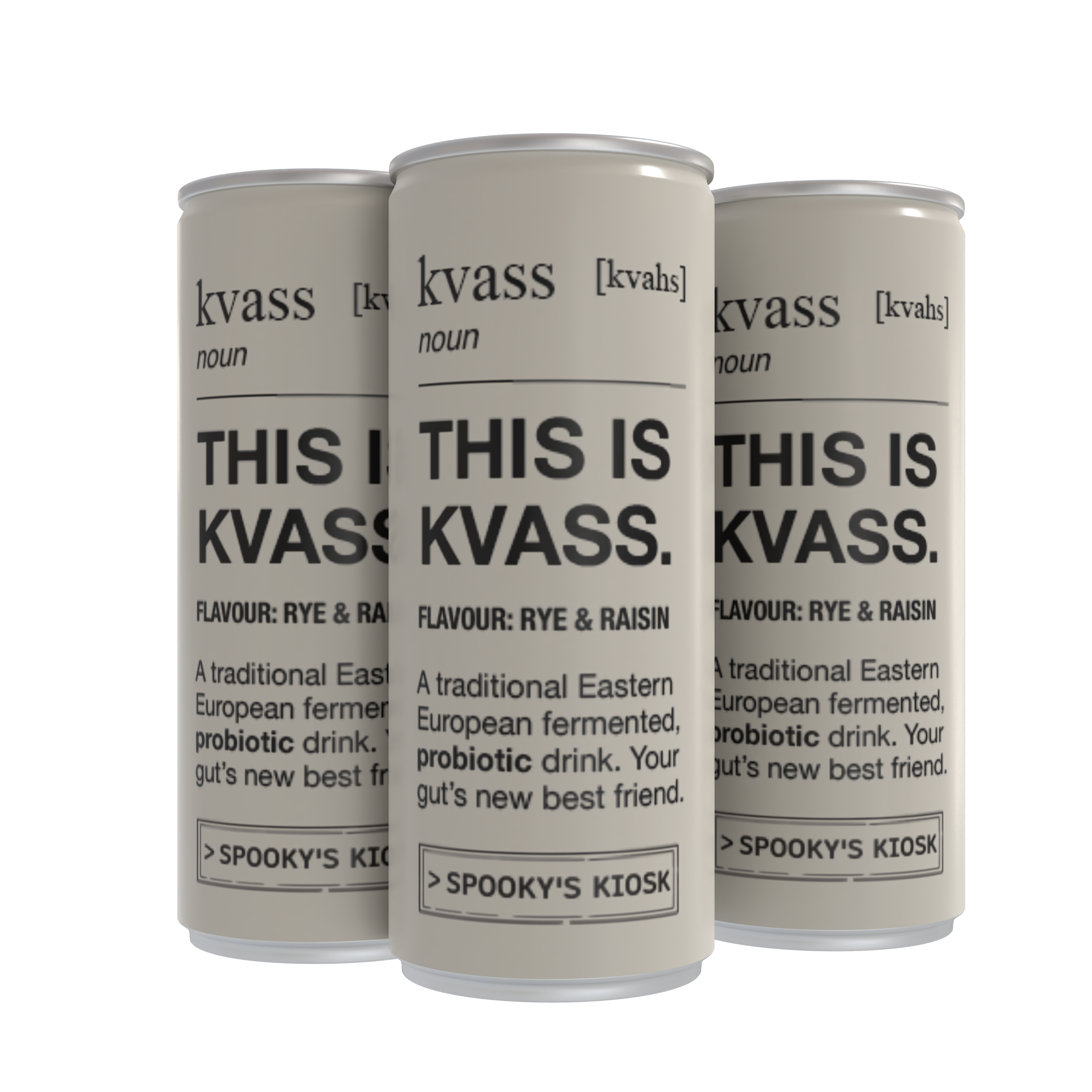 Three cans of kvass with text on a white background
