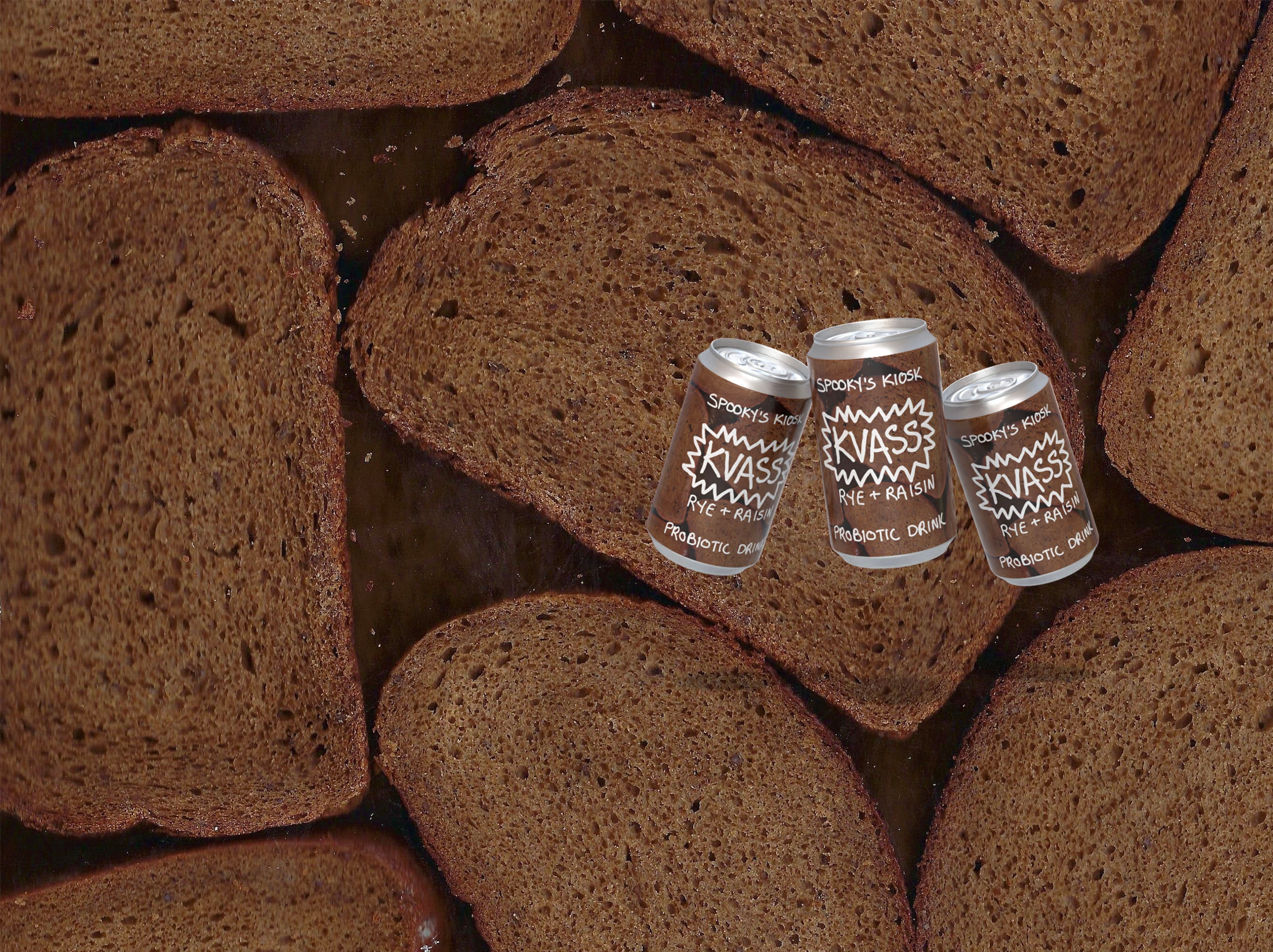 Kvass probiotic drink cans on top of rye bread 