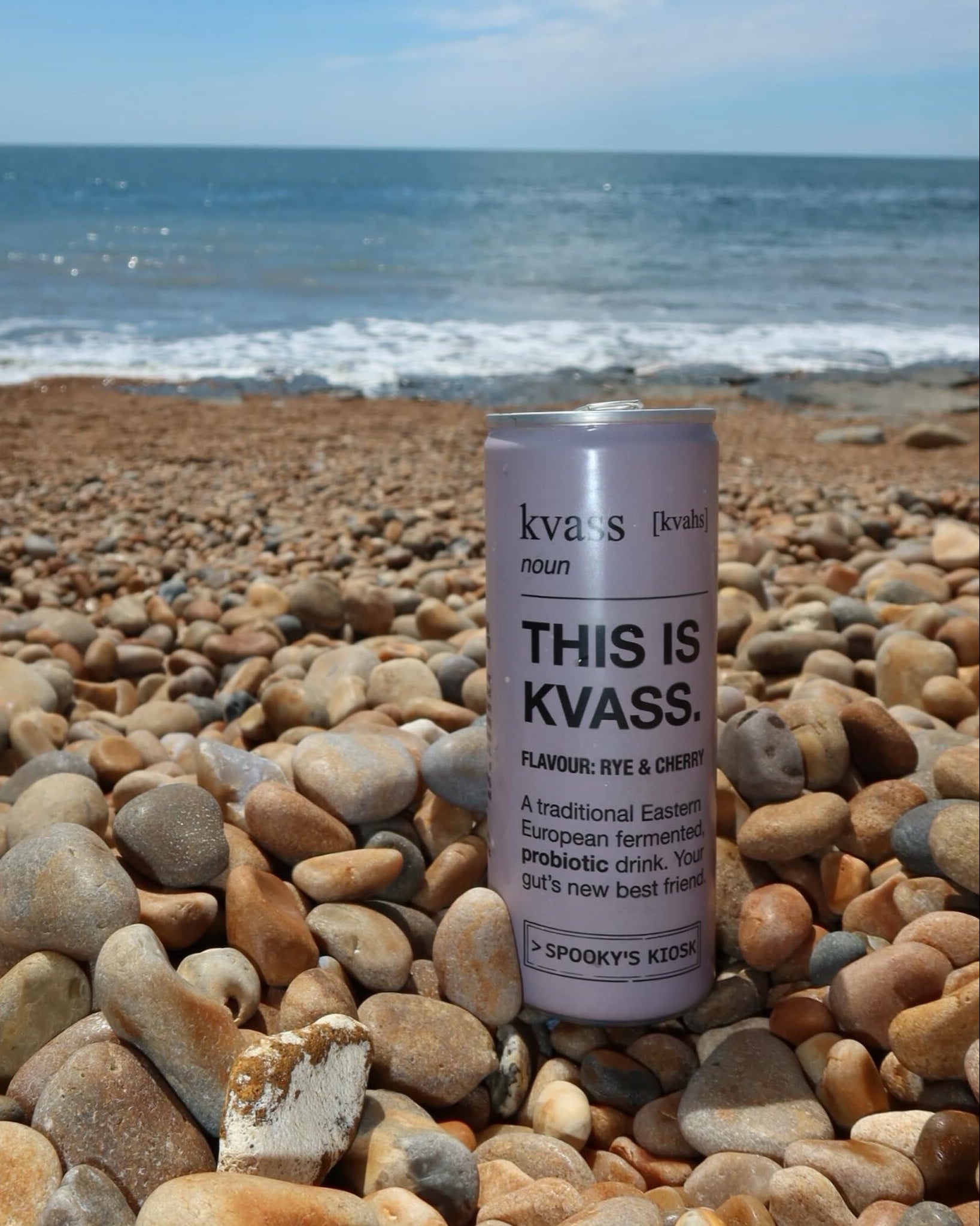 Can of kvass on pebbles with ocean and sky in the background