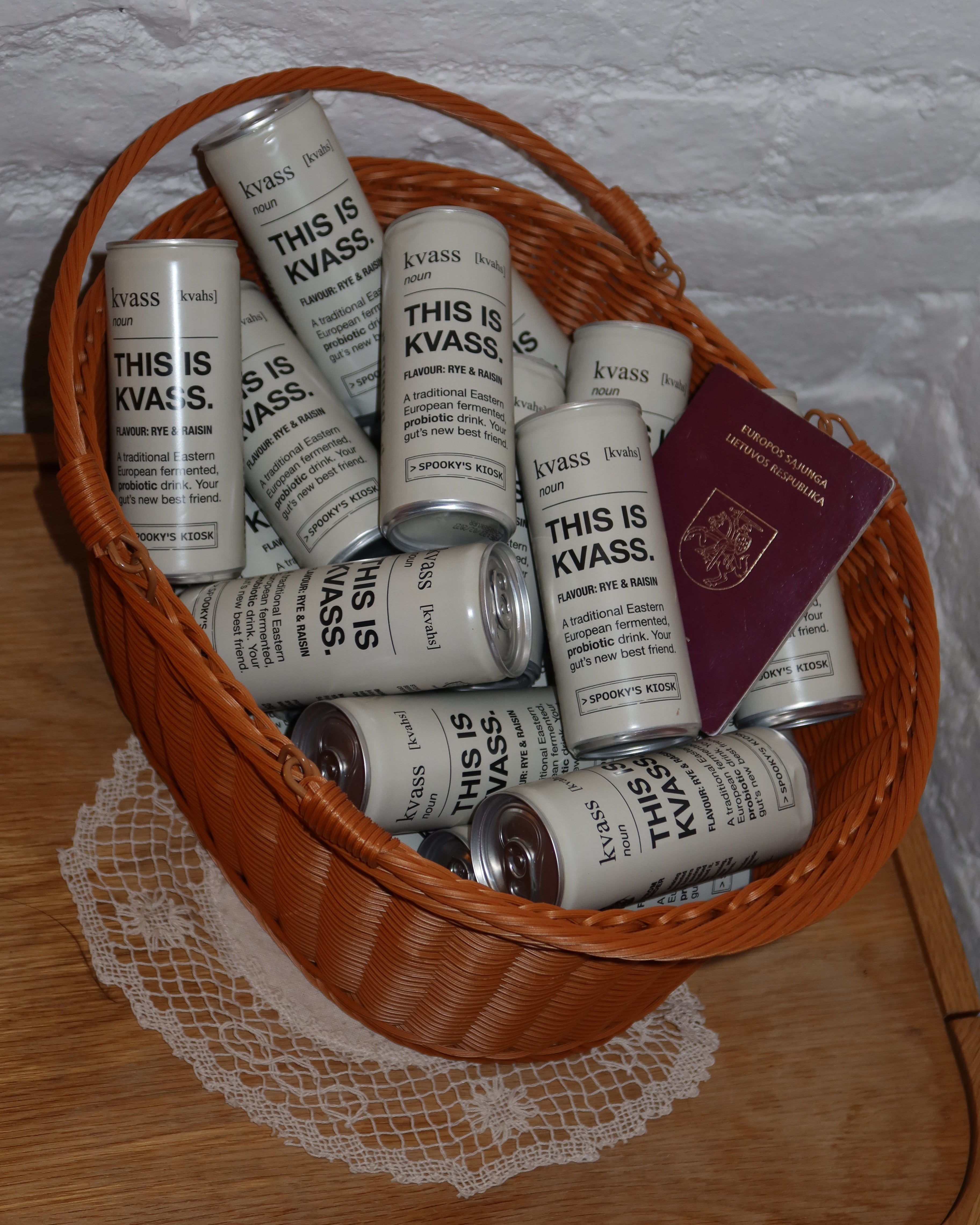 kvass cans in a basket