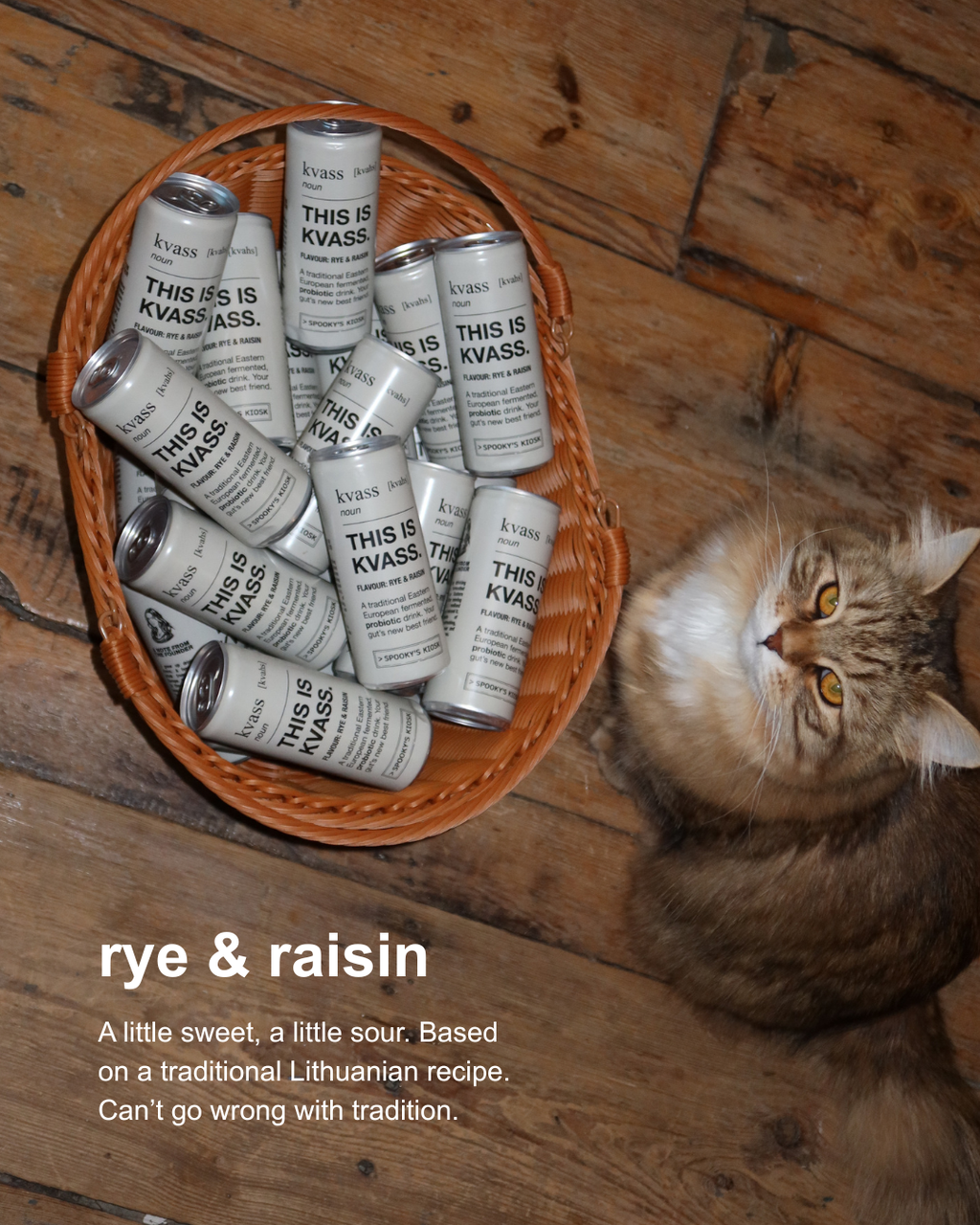 A group of silver and white cans of 'This Is Kvass' arranged in a brown woven basket on a rustic wooden floor, with a fluffy brown tabby cat lying next to it. Text at the bottom reads 'rye & raisin'.